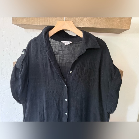 Nanette Lepore|Black Casual Button-Up Top in short sleeve,gauze beachy style•••L - Picture 3 of 13